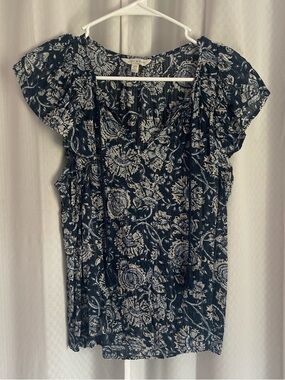 Lucky Brand Navy and Cream Floral Short-Sleeve Blouse